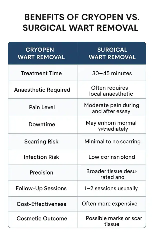 Table showing the benefits of cryopen to remove warts Colchester compared to surgical treatment